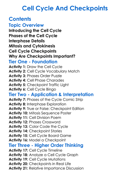 Cell Cycle And Checkpoints Worksheet Activity Booklet