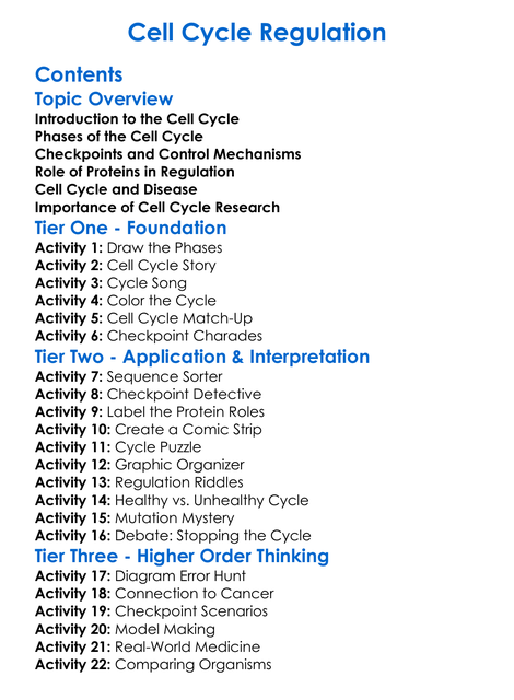 Cell Cycle Regulation Worksheet Activity Booklet