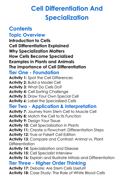 Cell Differentiation And Specialization Worksheet Activity Booklet