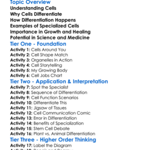 Cell Differentiation Worksheet Activity Booklet