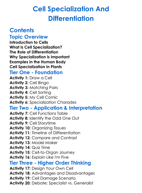 Cell Specialization And Differentiation Worksheet Activity Booklet