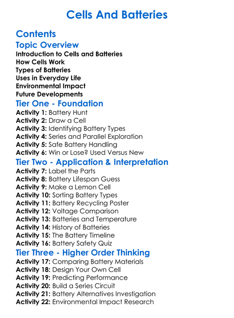 Cells And Batteries Worksheet Activity Booklet