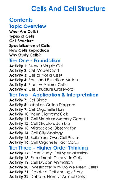 Cells And Cell Structure Worksheet Activity Booklet