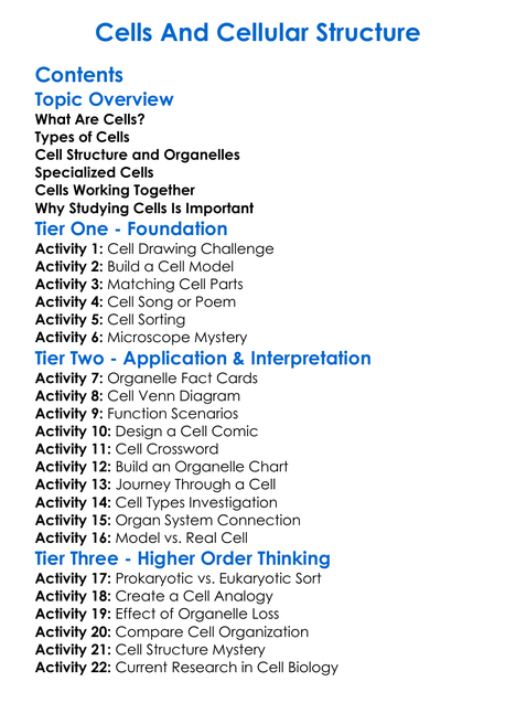 Cells And Cellular Structure Worksheet Activity Booklet
