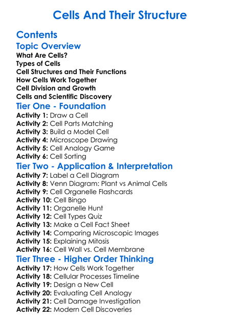 Cells And Their Structure Worksheet Activity Booklet