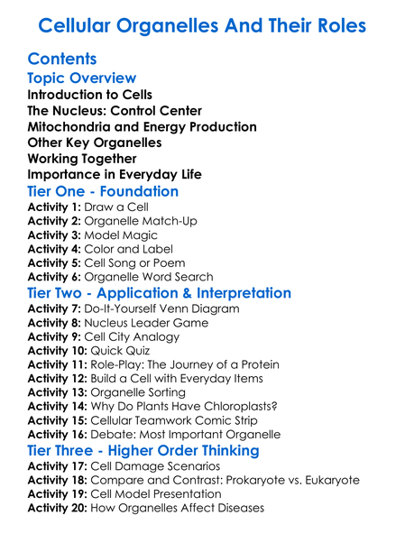 Cellular Organelles And Their Roles Worksheet Activity Booklet