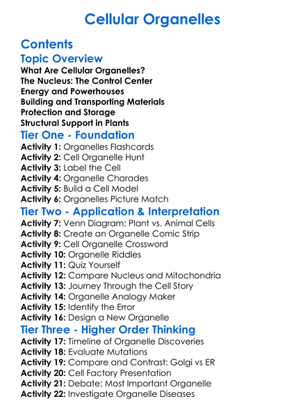 Cellular Organelles Worksheet Activity Booklet
