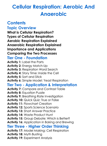 Cellular Respiration Aerobic And Anaerobic Worksheet Activity Booklet