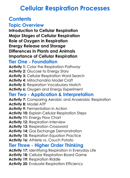 Cellular Respiration Processes Worksheet Activity Booklet