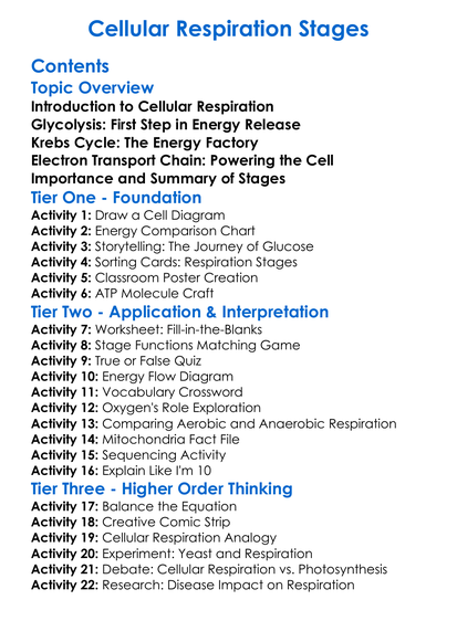 Cellular Respiration Stages Worksheet Activity Booklet