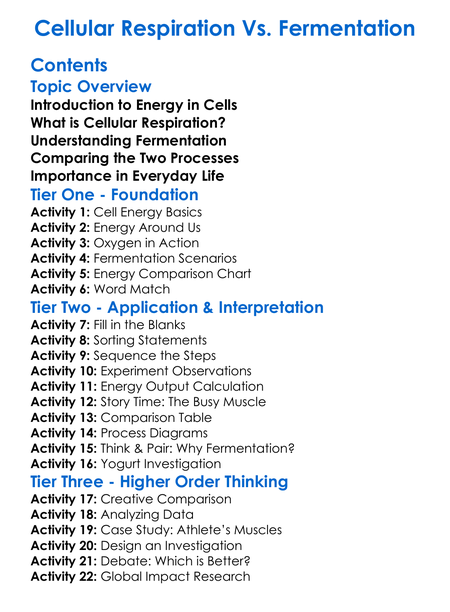 Cellular Respiration Vs Fermentation Worksheet Activity Booklet