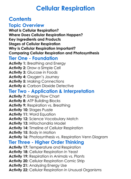 Cellular Respiration Worksheet Activity Booklet