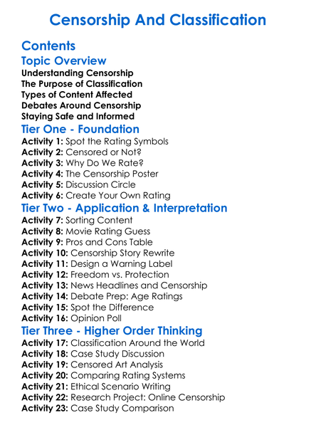 Censorship And Classification Worksheet Activity Booklet