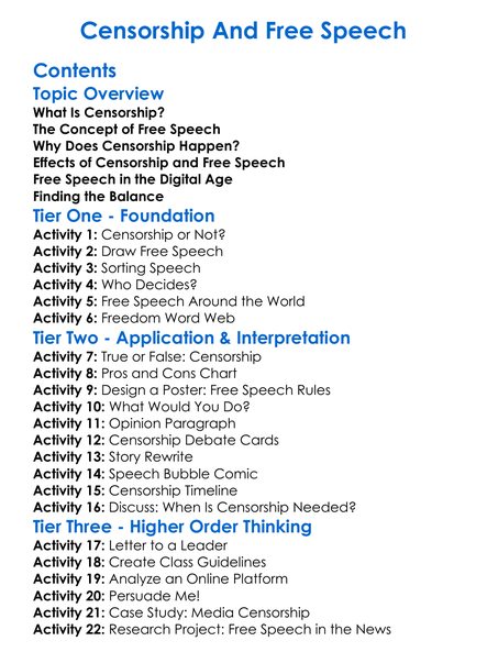Censorship And Free Speech Worksheet Activity Booklet