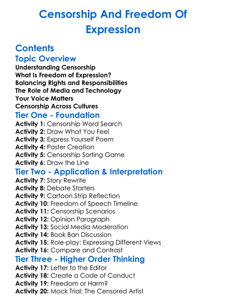 Censorship And Freedom Of Expression Worksheet Activity Booklet