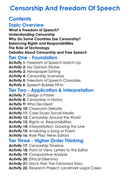 Censorship And Freedom Of Speech Worksheet Activity Booklet