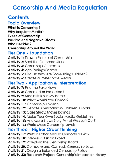 Censorship And Media Regulation Worksheet Activity Booklet