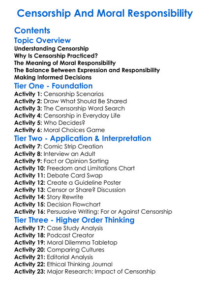 Censorship And Moral Responsibility Worksheet Activity Booklet