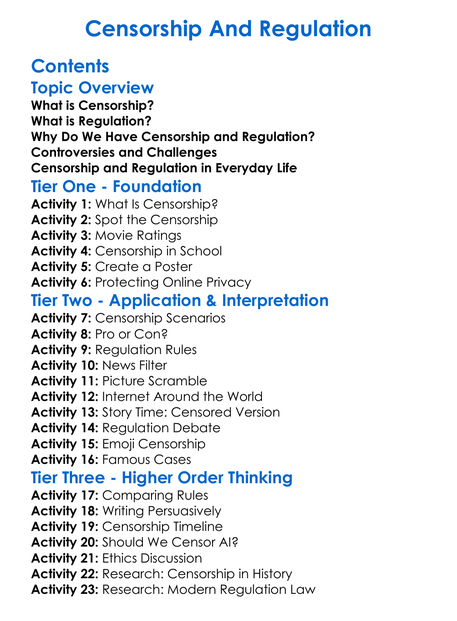 Censorship And Regulation Worksheet Activity Booklet