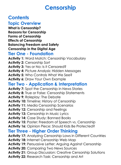 Censorship Worksheet Activity Booklet