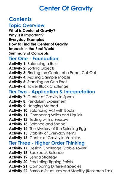 Center Of Gravity Worksheet Activity Booklet