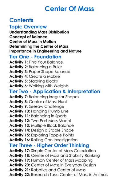 Center Of Mass Worksheet Activity Booklet