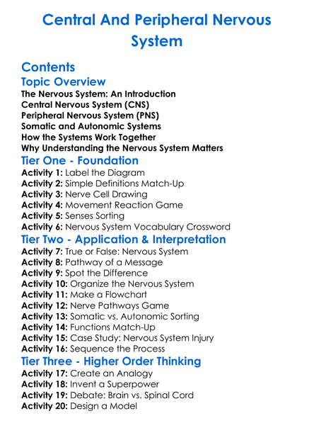 Central And Peripheral Nervous System Worksheet Activity Booklet