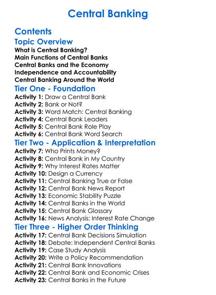 Central Banking Worksheet Activity Booklet