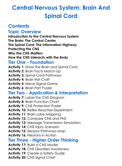 Central Nervous System Brain And Spinal Cord Worksheet Activity Booklet