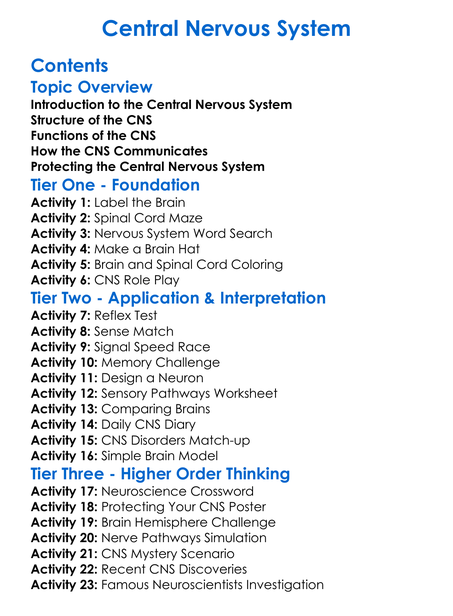 Central Nervous System Worksheet Activity Booklet