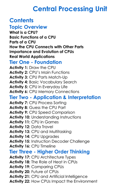Central Processing Unit Worksheet Activity Booklet