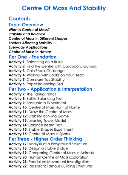 Centre Of Mass And Stability Worksheet Activity Booklet