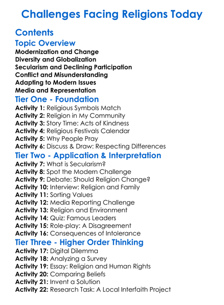 Challenges Facing Religions Today Worksheet Activity Booklet