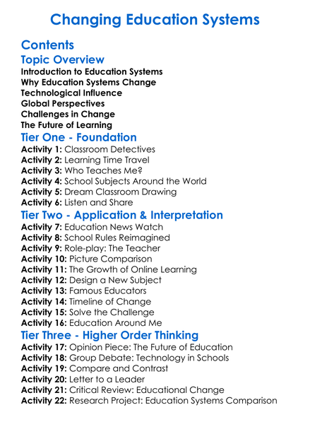 Changing Education Systems Worksheet Activity Booklet