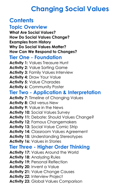 Changing Social Values Worksheet Activity Booklet