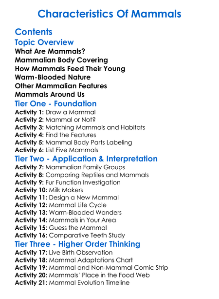 Characteristics Of Mammals Worksheet Activity Booklet