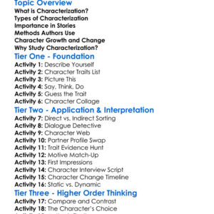 Characterization Worksheet Activity Booklet