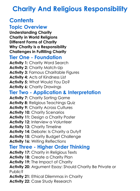 Charity And Religious Responsibility Worksheet Activity Booklet