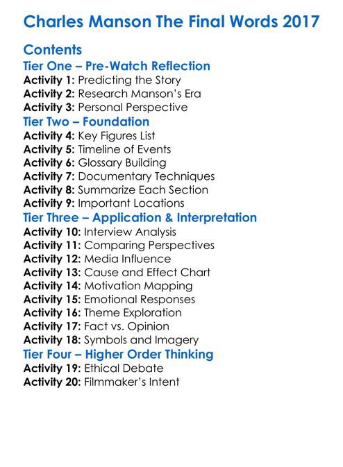 Charles Manson The Final Words 2017 Worksheet Activity Booklet