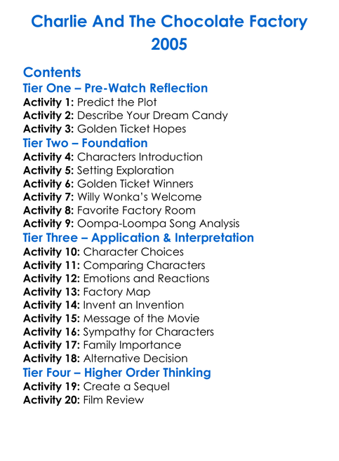 Charlie And The Chocolate Factory 2005 Worksheet Activity Booklet