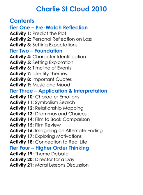Charlie St Cloud 2010 Worksheet Activity Booklet