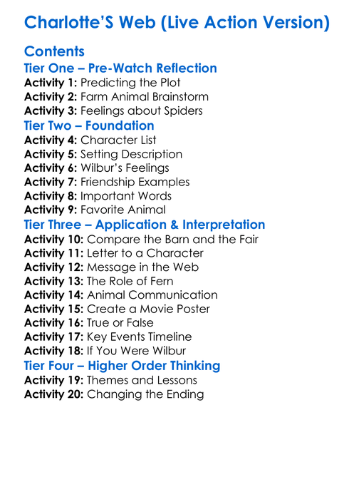 Charlottes Web Live Action Version Worksheet Activity Booklet