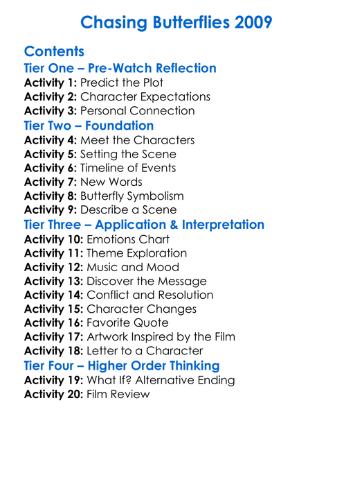 Chasing Butterflies 2009 Worksheet Activity Booklet