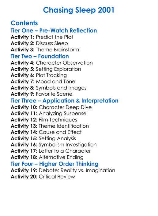 Chasing Sleep 2001 Worksheet Activity Booklet