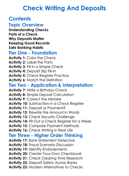Check Writing And Deposits Worksheet Activity Booklet