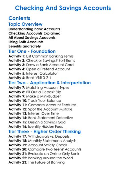 Checking And Savings Accounts Worksheet Activity Booklet