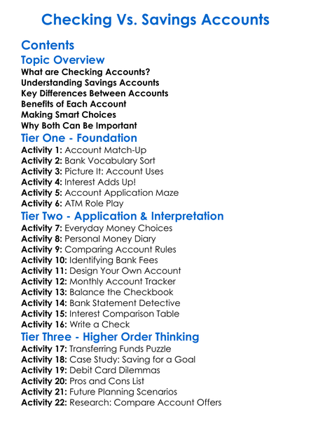Checking Vs Savings Accounts Worksheet Activity Booklet