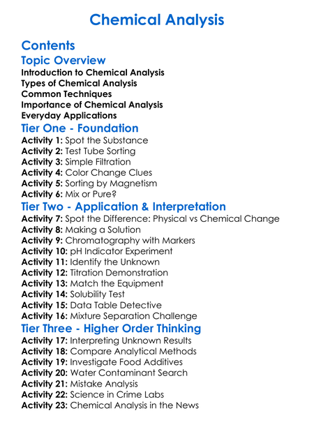 Chemical Analysis Worksheet Activity Booklet