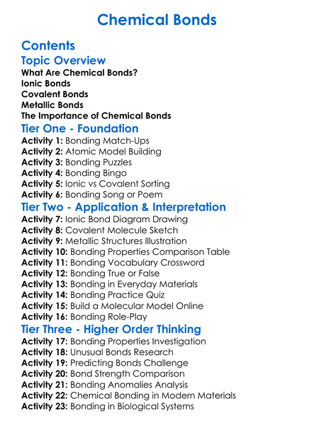 Chemical Bonds Worksheet Activity Booklet