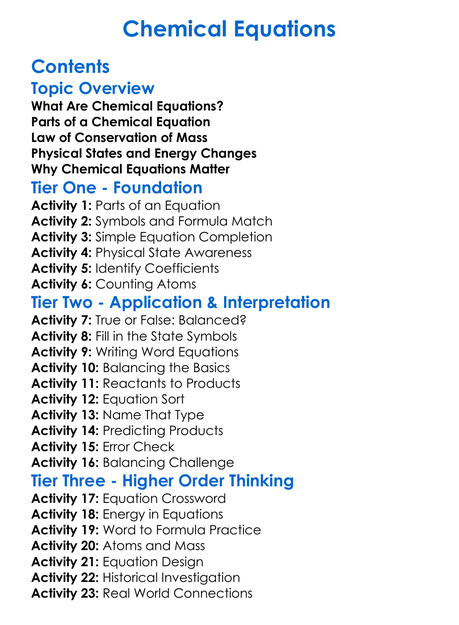 Chemical Equations Worksheet Activity Booklet